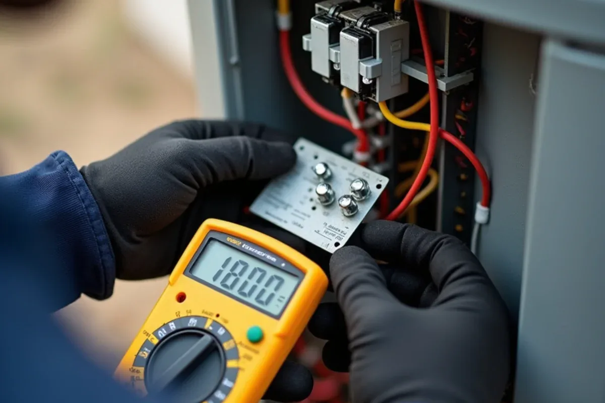 HVAC technician testing a capacitor at an outdoor condenser during a repair visit near Azle, TX