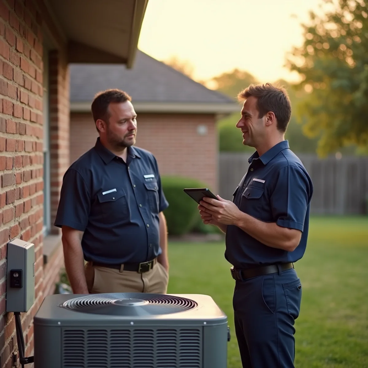 HVAC technician talking through a repair with a homeowner beside an outdoor AC unit in Azle, TX