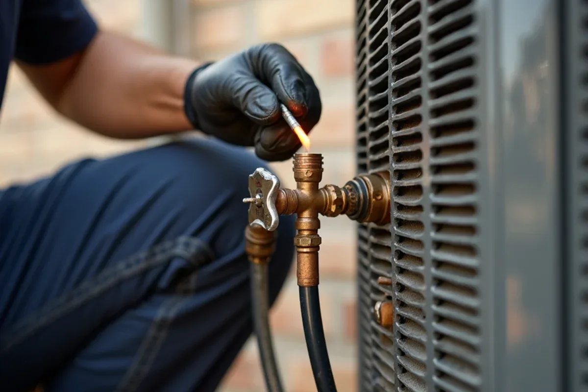 Installer connecting the copper line set to a new R-454B condenser at a home in Azle, TX