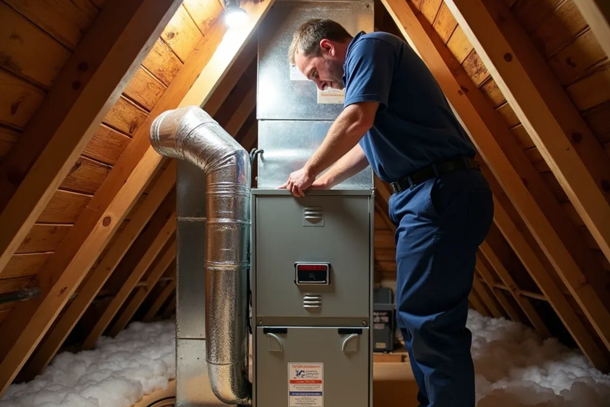 New evaporator coil being fitted on top of a gas furnace in an attic in Azle, TX