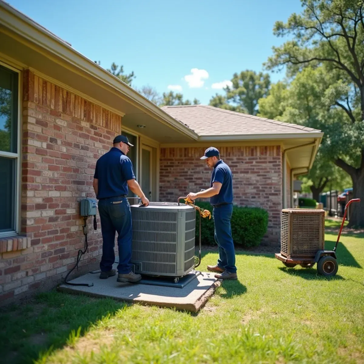Two HVAC installers setting a new AC condenser on a pad beside a ranch home in Azle, TX