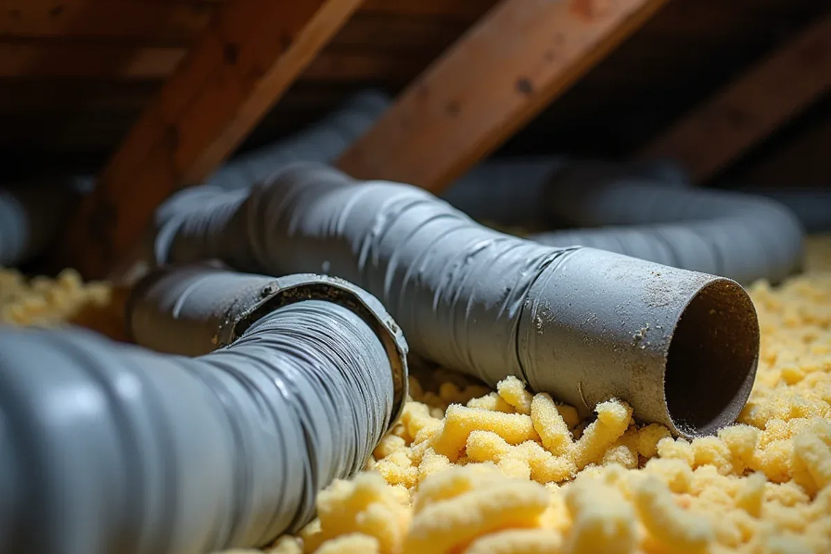 Sagging and torn attic flex duct runs lying across blown insulation in a 1980s home in Azle, TX