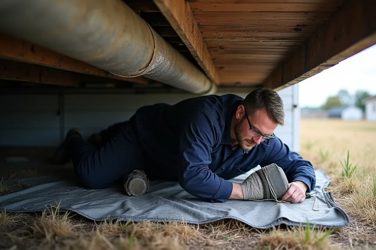 Technician installing a new insulated crossover duct under a double-wide manufactured home near Azle, TX