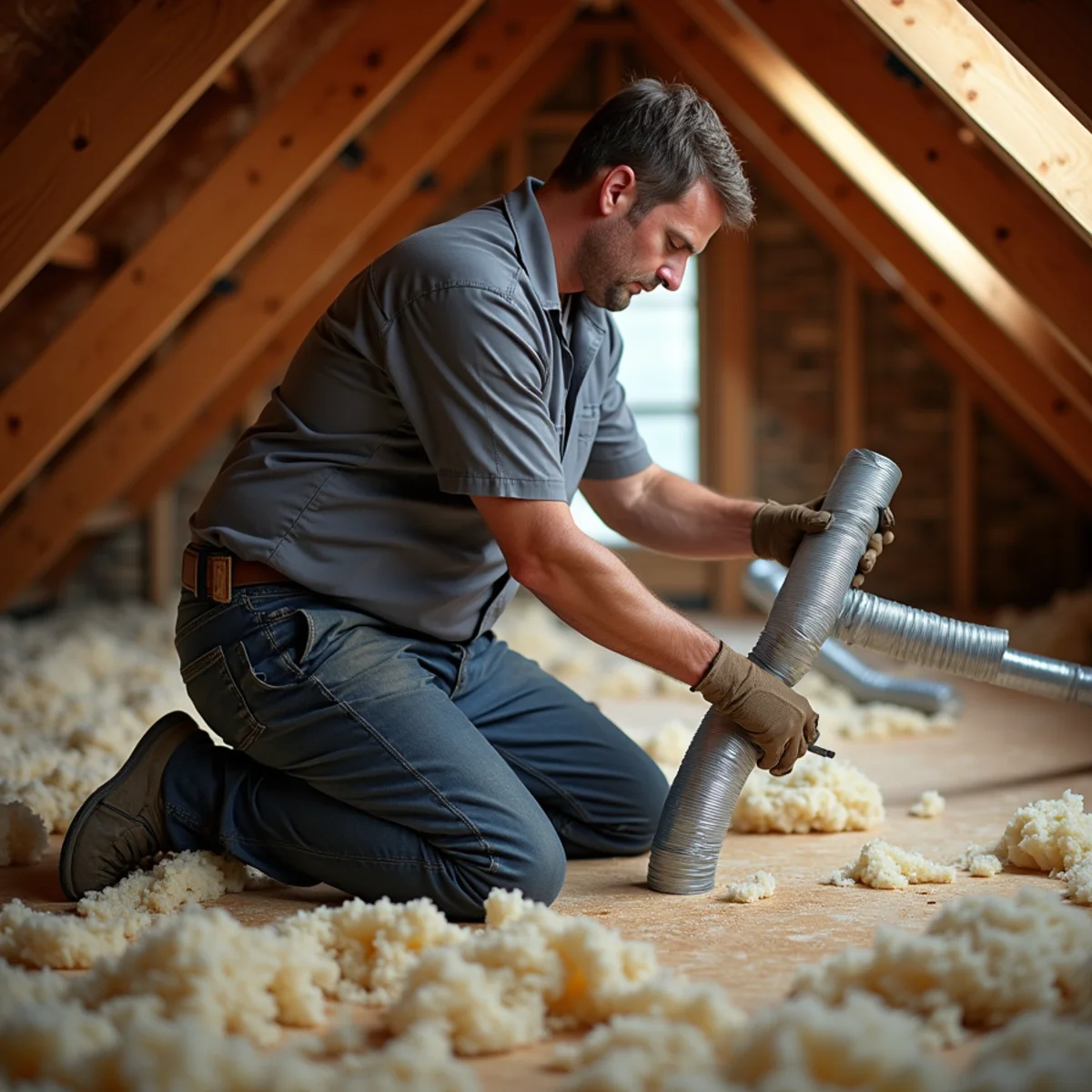 HVAC technician reconnecting insulated flex duct to a ceiling boot in the attic of an Azle, TX ranch home