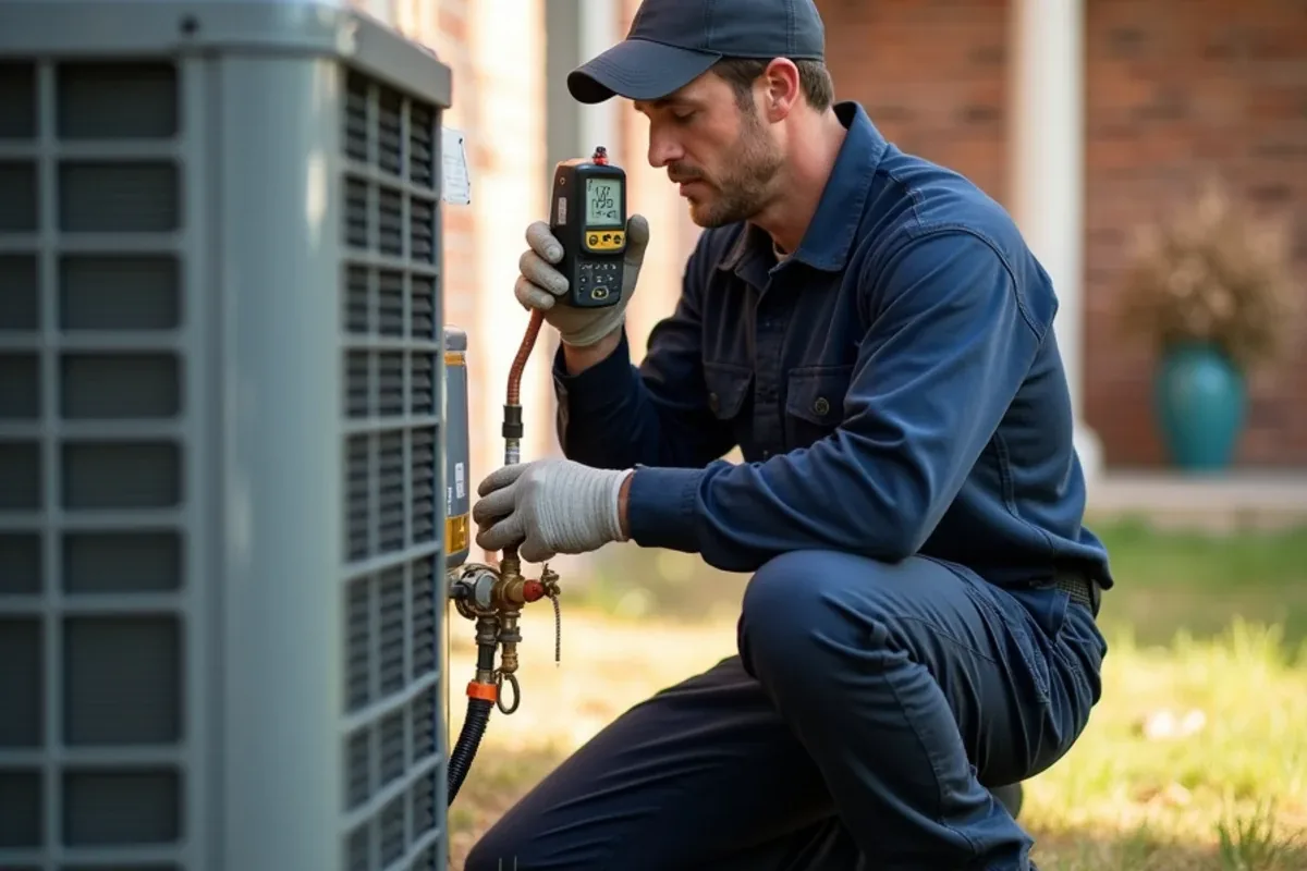 HVAC technician using an electronic leak detector on an outdoor AC unit near Azle, TX