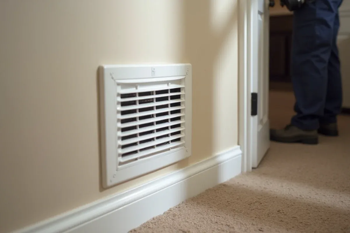 Small hallway return air grille in a 1980s ranch home in North Texas