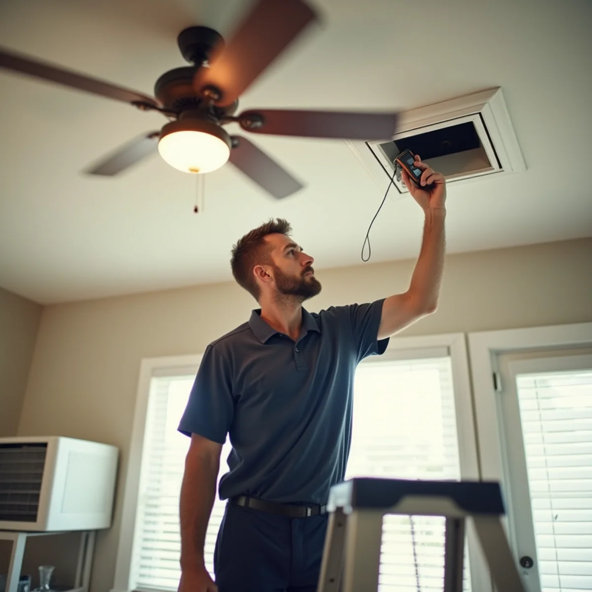 Technician reading supply air temperature at a ceiling vent in a home near Azle, TX