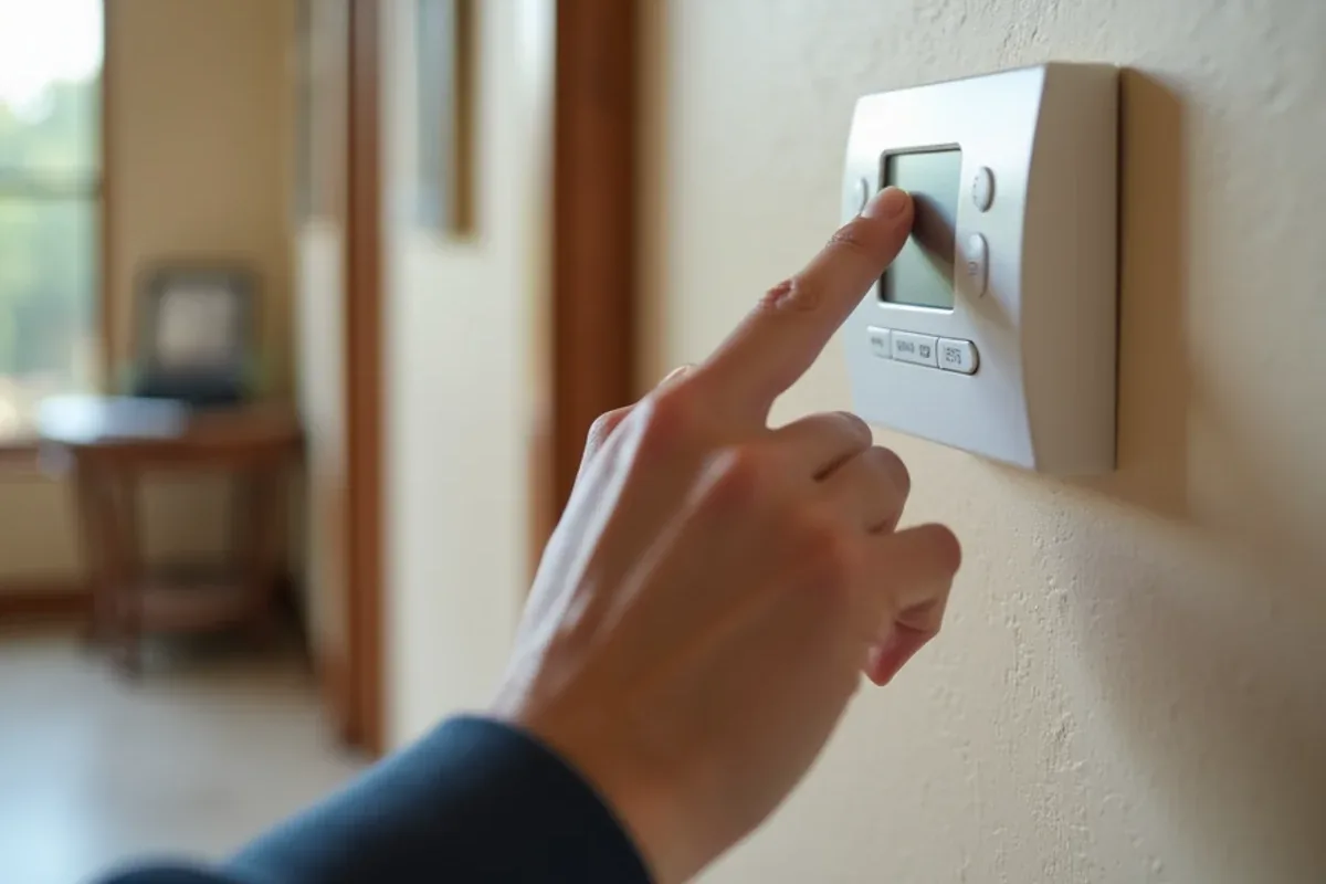 Close-up of a hand switching a hallway thermostat to Cool mode in an Azle, TX home