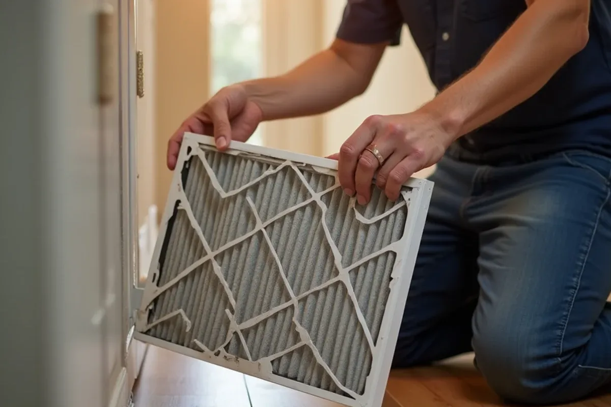 Dirty pleated air filter held next to a new filter at a return grille in an Azle, TX home
