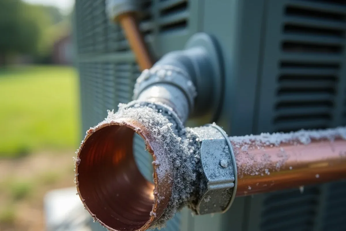 Frost and ice on the copper refrigerant line at an outdoor AC unit in Azle, TX
