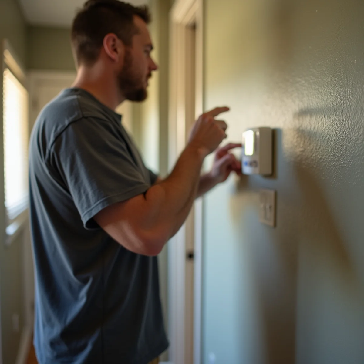 Homeowner checking a wall thermostat set to cool in a hallway of a ranch home in Azle, TX