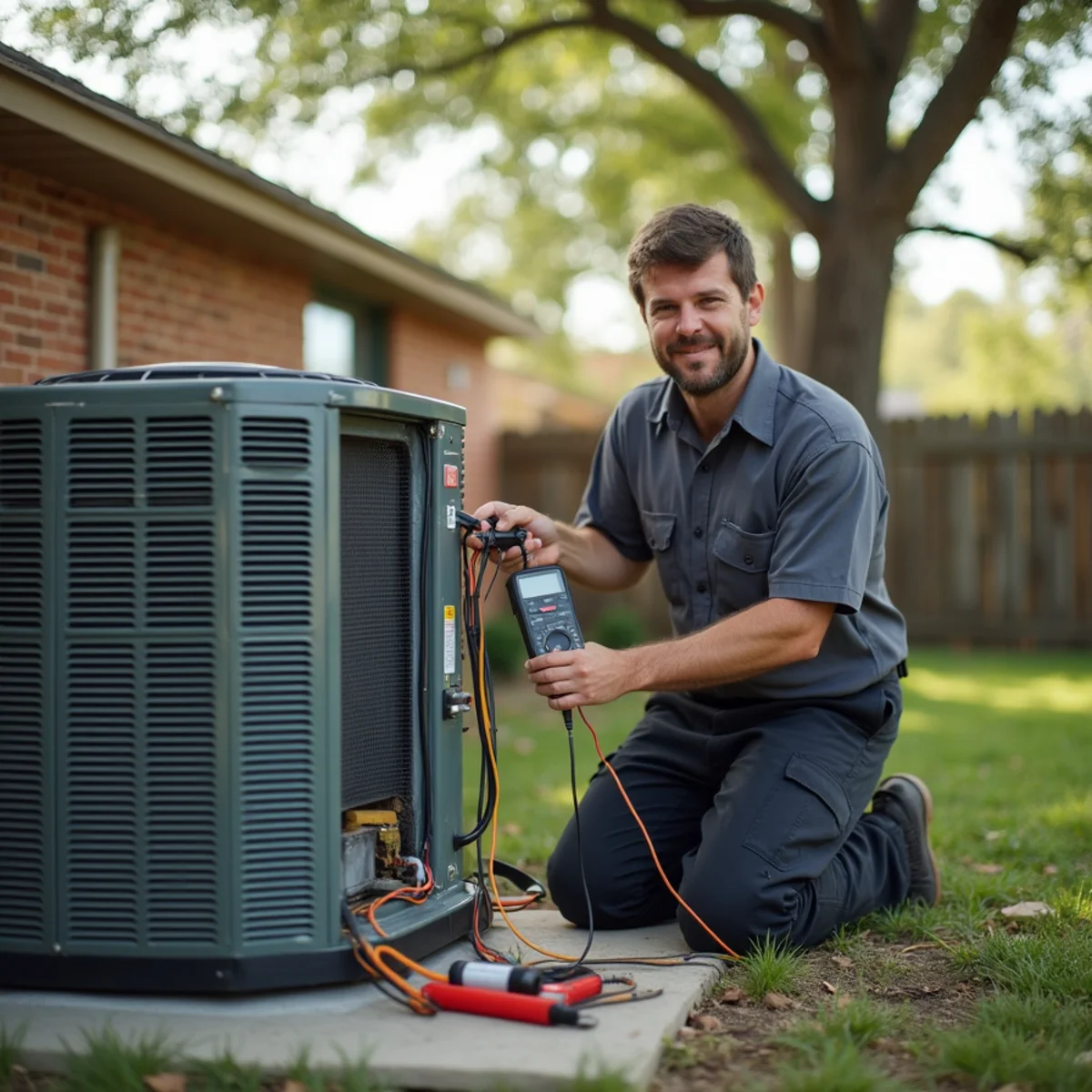 HVAC technician testing the capacitor on an outdoor AC condenser during a spring tune-up at a home in Lake Worth, TX