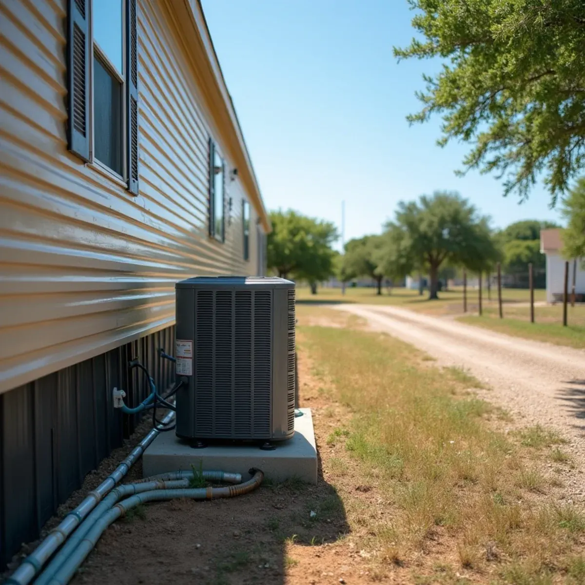Package AC unit on a concrete pad beside a double-wide manufactured home on rural acreage near Springtown in Parker County, TX