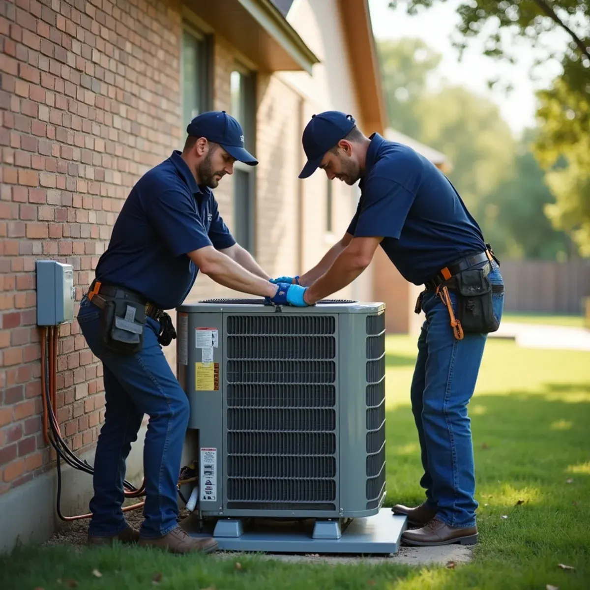 Technicians setting a new outdoor AC condenser on a pad beside a single-story home in North Texas