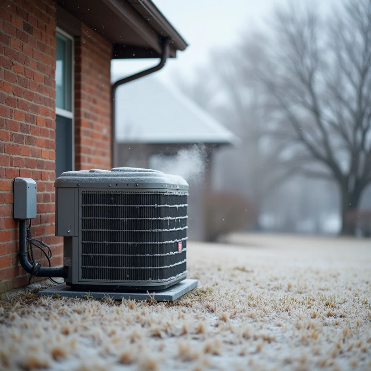 Frost-covered heat pump and icy front yard outside a small brick home in White Settlement, TX during a hard winter freeze