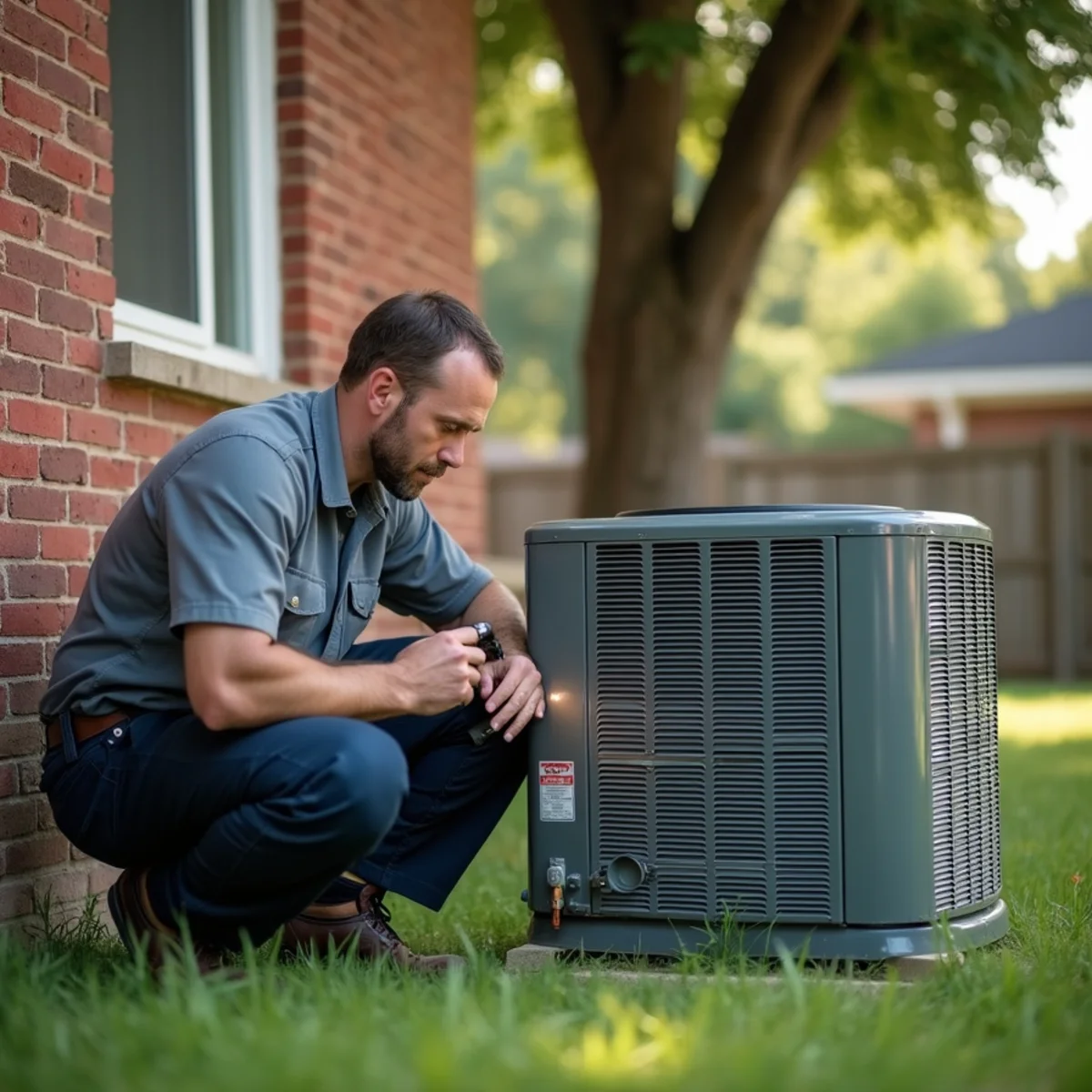 HVAC technician reading the refrigerant data plate on an older outdoor AC condenser beside a 1960s brick ranch home in Hurst, TX