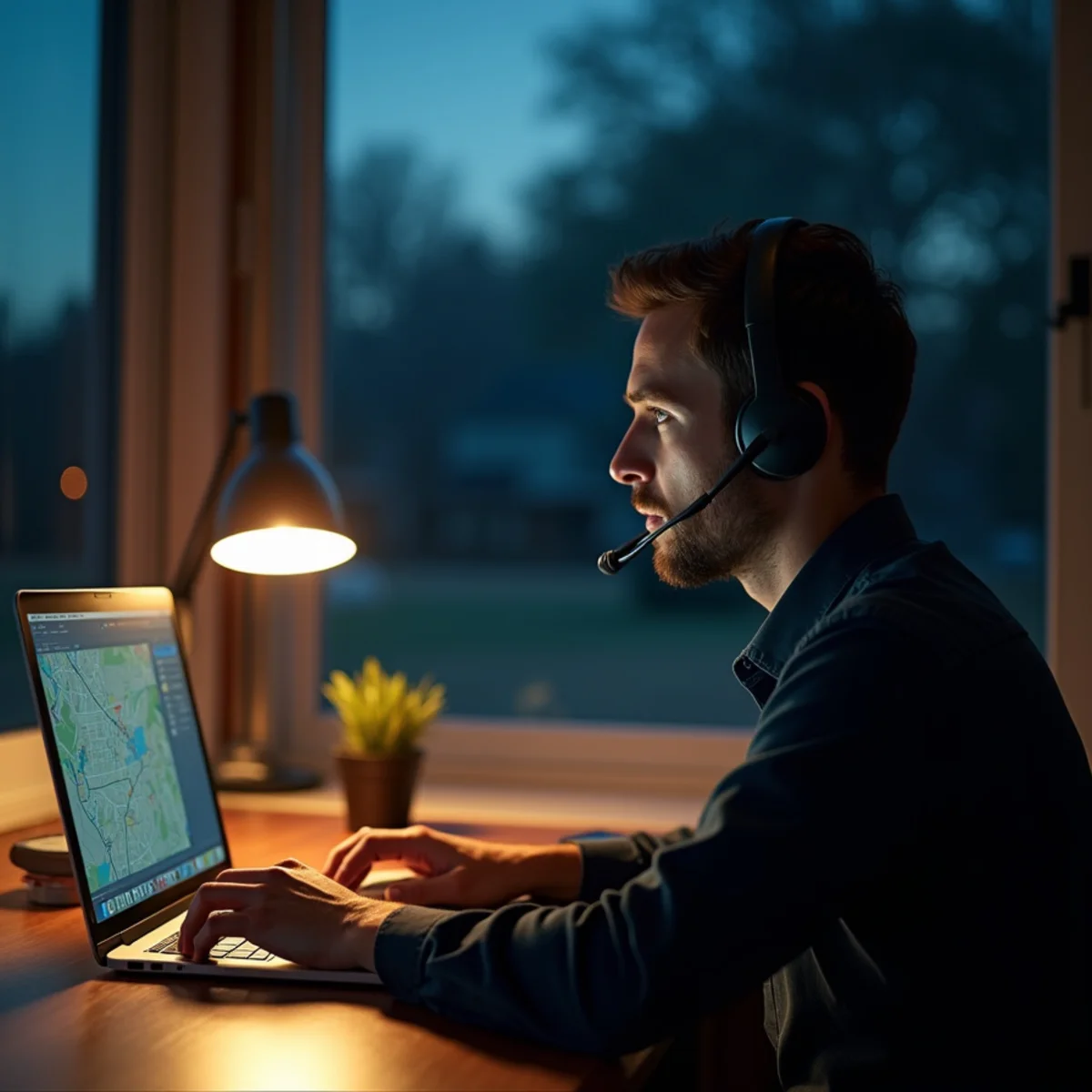 Dispatcher with a headset taking a 24/7 HVAC call for an Azle, TX homeowner