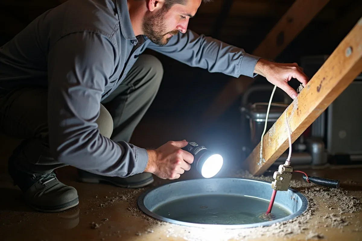 Technician checking an overflowing secondary drain pan and float switch under an attic air handler in an Azle, TX home