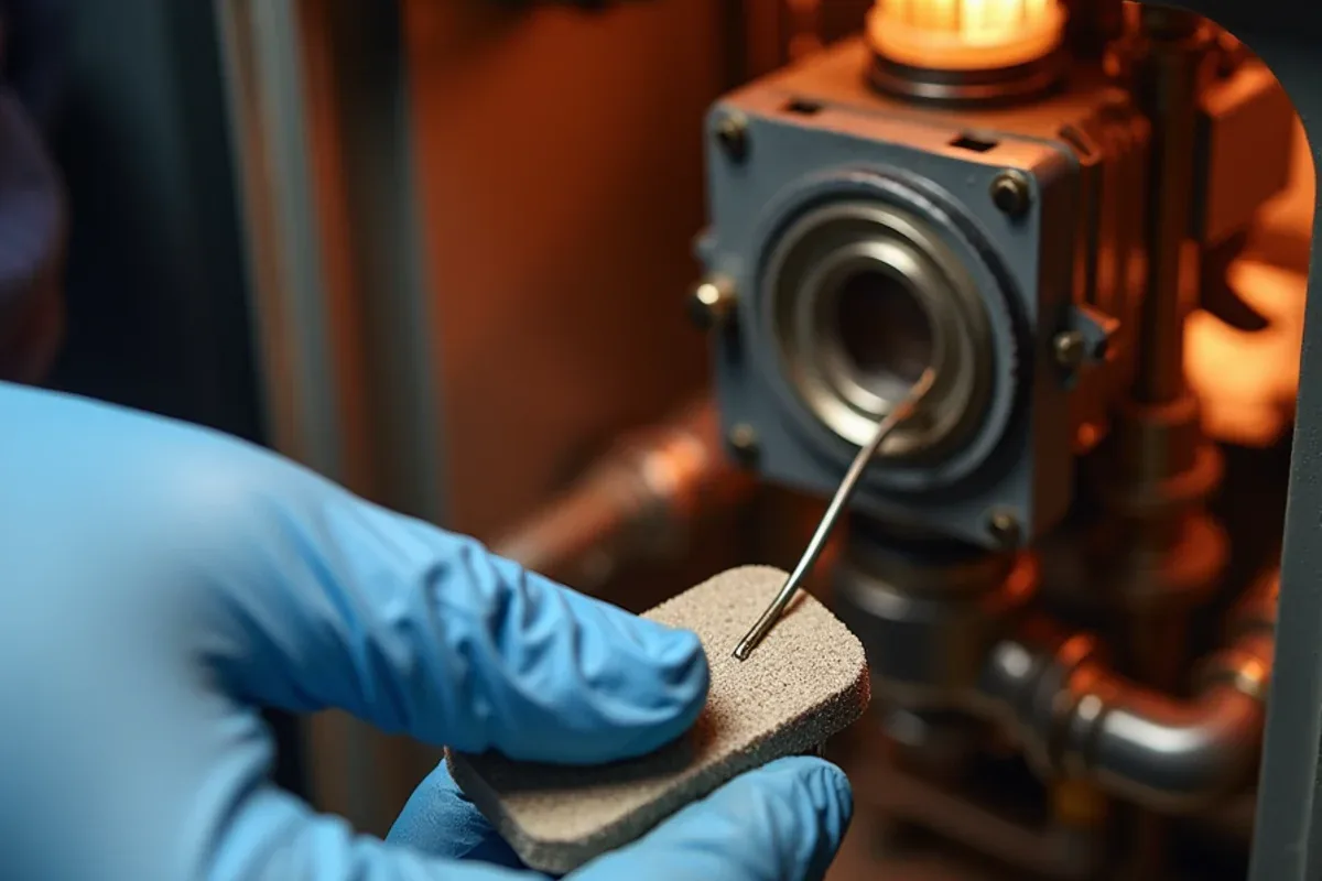 Technician holding a removed furnace flame sensor next to an open gas furnace in Azle, TX