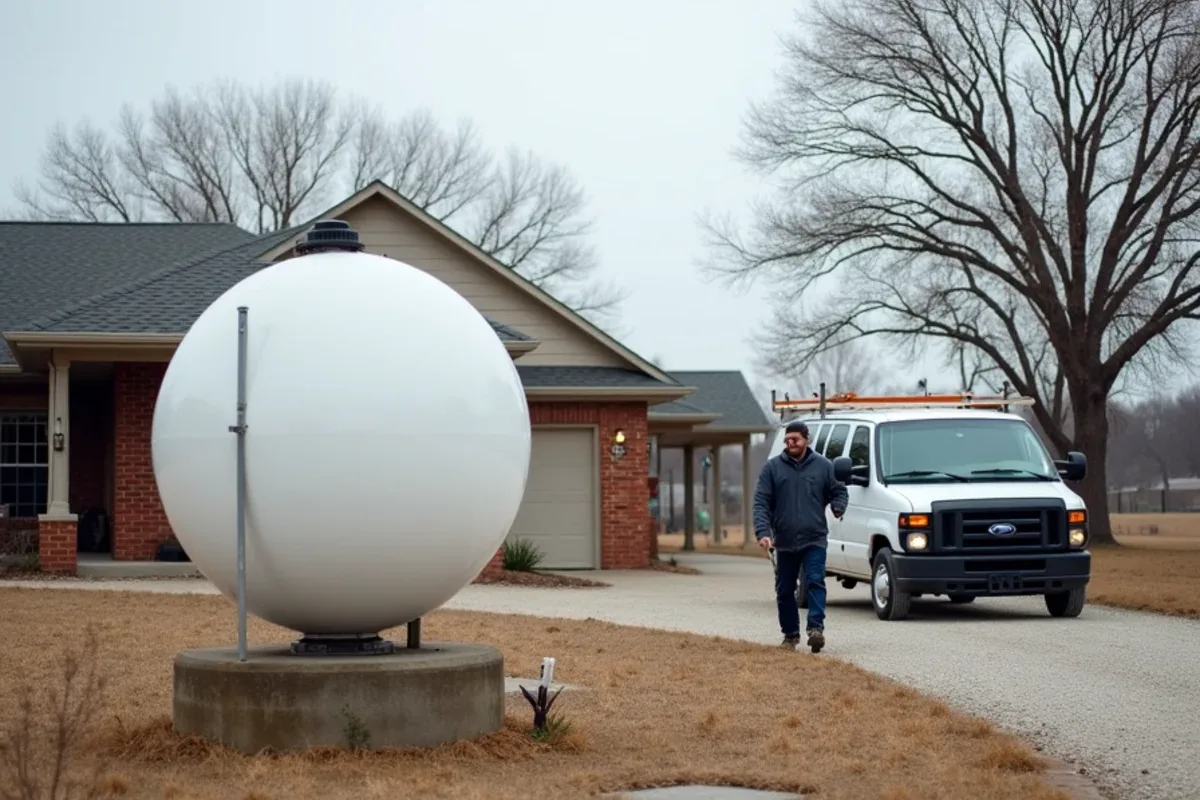 Propane tank beside a rural home near Azle in Parker County, TX, with an HVAC service van in the drive
