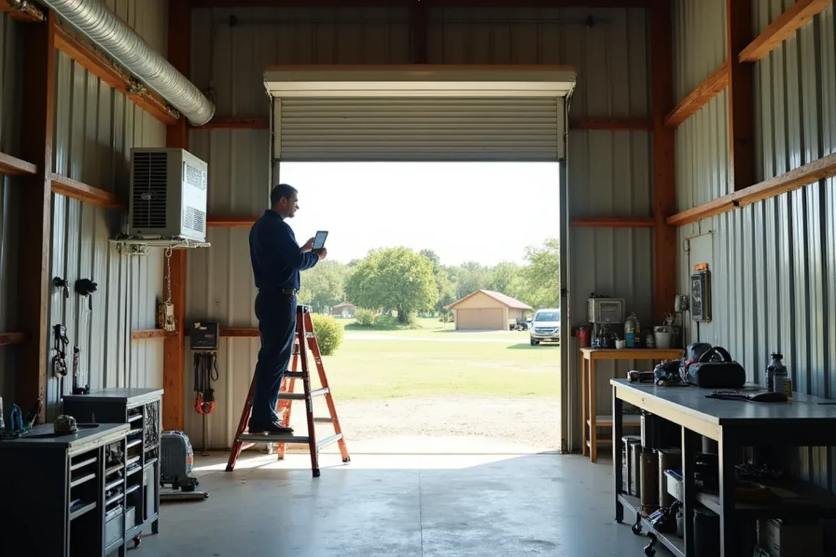 Ductless mini-split indoor head mounted high on the wall of a metal workshop on an acreage property near Azle, TX