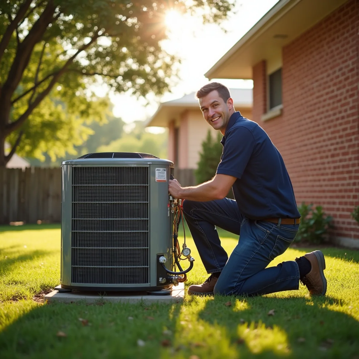 HVAC technician checking an outdoor AC condenser beside a brick ranch home in Azle, TX