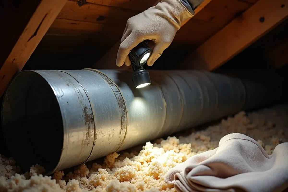 Original metal supply trunk and newer flex duct in the attic of a 1960s ranch home in Hurst, TX