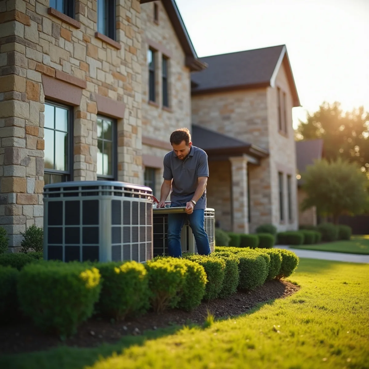 Two condensers beside a large two-story stone and brick home in Keller, TX, with a technician checking one
