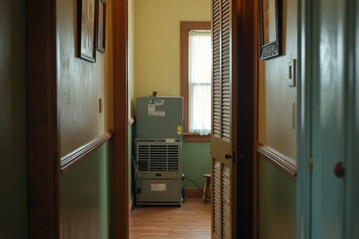 Air handler squeezed into a hall closet of an older Lake Worth, TX home with a small return grille