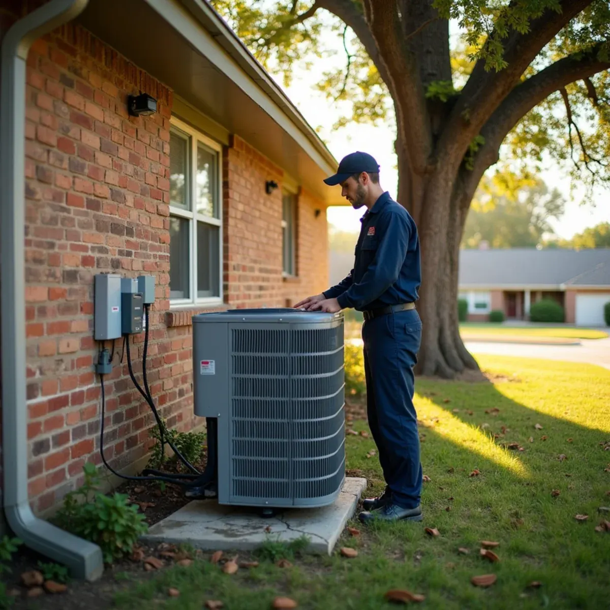 Technician servicing the condenser of a 1950s ranch house in Lake Worth, TX