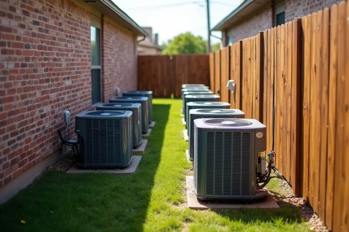 Row of side-yard AC condensers between 2000s two-story homes in a Saginaw, TX subdivision