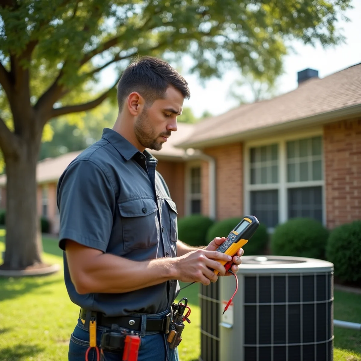 Technician testing a builder-grade condenser beside a two-story brick home in Saginaw, TX