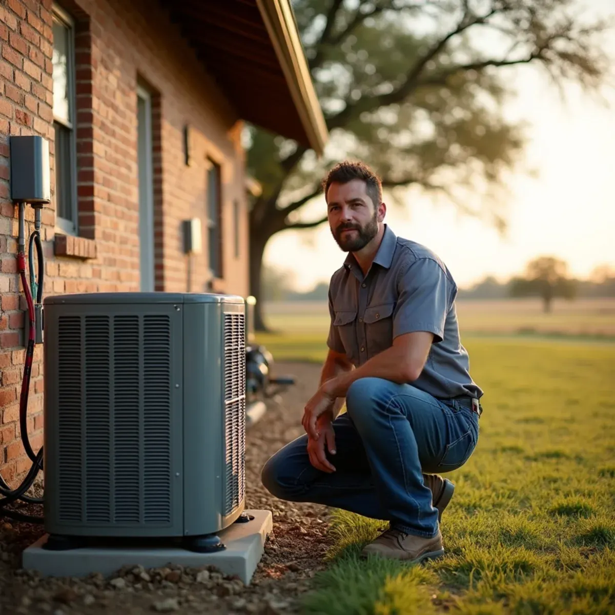 HVAC technician checking a heat pump beside a ranch home on acreage near Springtown, TX