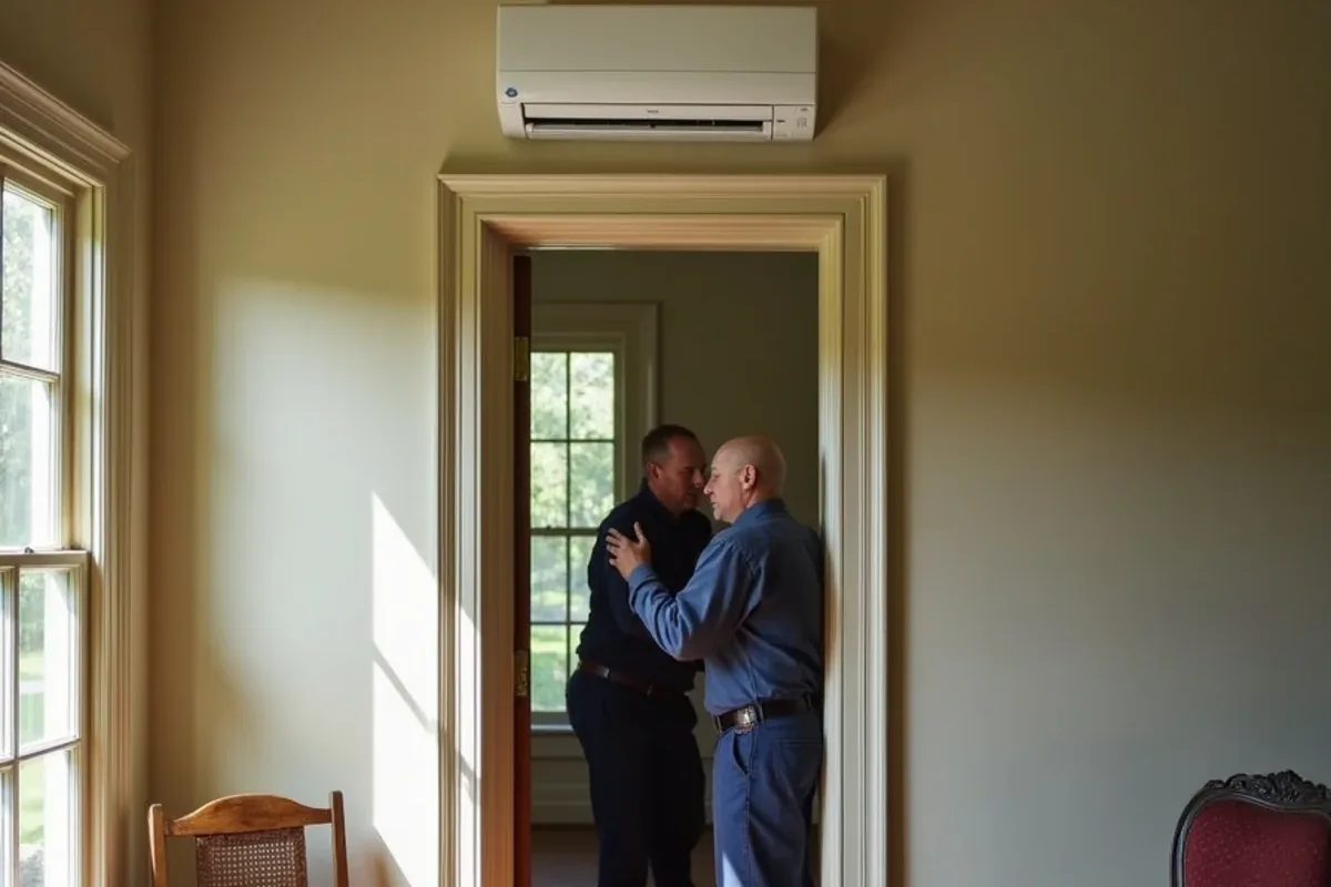 Ductless mini-split head mounted high on a wall in a Victorian home with original trim in Weatherford, TX