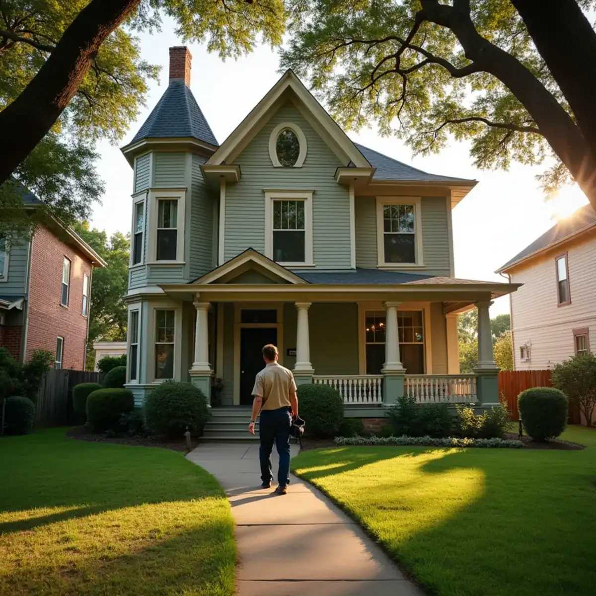 HVAC technician beside a restored Victorian home near the courthouse square in Weatherford, TX