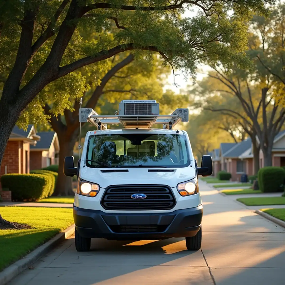 HVAC service van on a residential street of brick ranch homes near Azle, TX